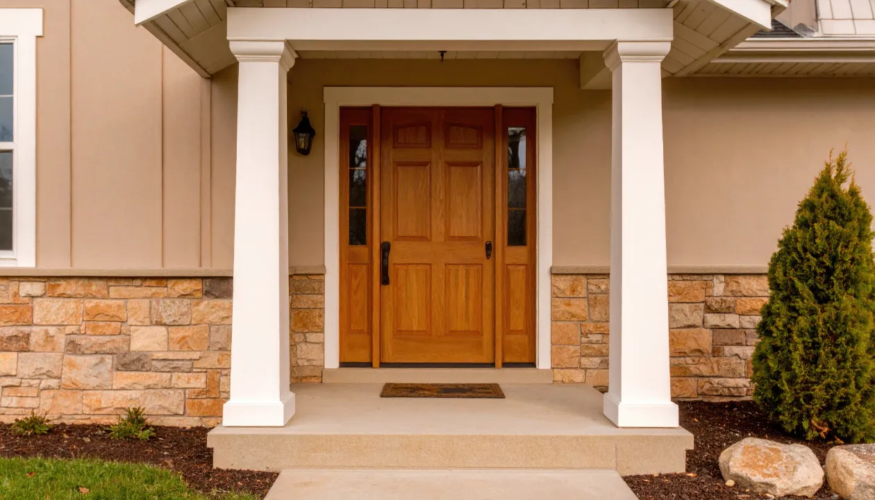 wooden front entry door with sidelights